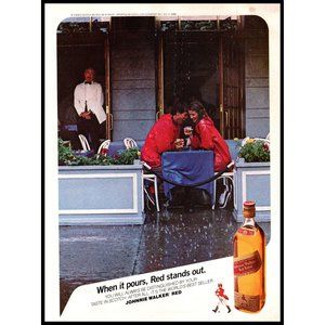 1986 Johnnie Walker Red Label Scotch Vintage Print Ad Rain Storm Patio Wall Art